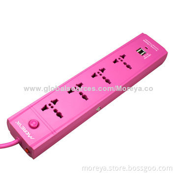 Power Strip of Universal Standard, with 4 Outlets + 2 USB Plugs, Extension Cord, Overload Protection